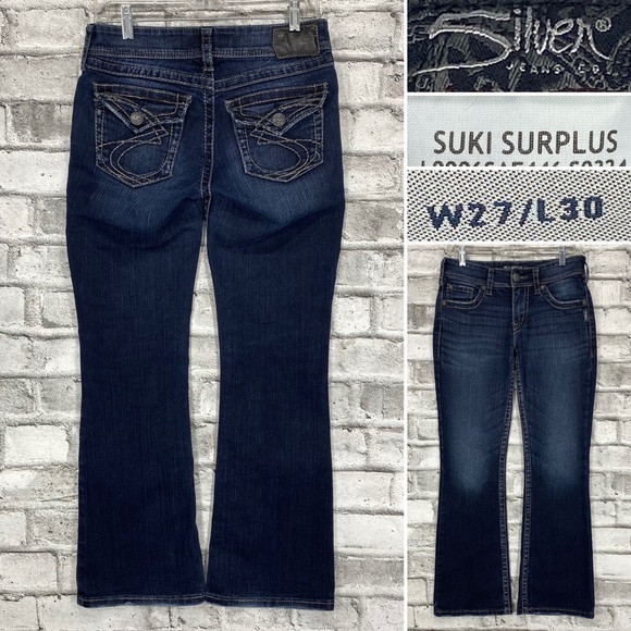 Silver Suki Surplus Sz 27 x 30 Thick Stitch Flap Pocket Dark Wash Bootcut Jeans